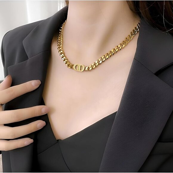 Letter Necklace Stainless Steel Gold Chunky Cuban Chain Choker Gift for Women - Picture 2 of 5